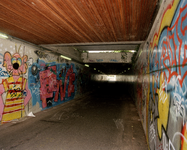 84245 Gezicht op de, met graffiti bekladde, muren van de fietstunnel onder het Westplein te Utrecht, uit het zuiden.